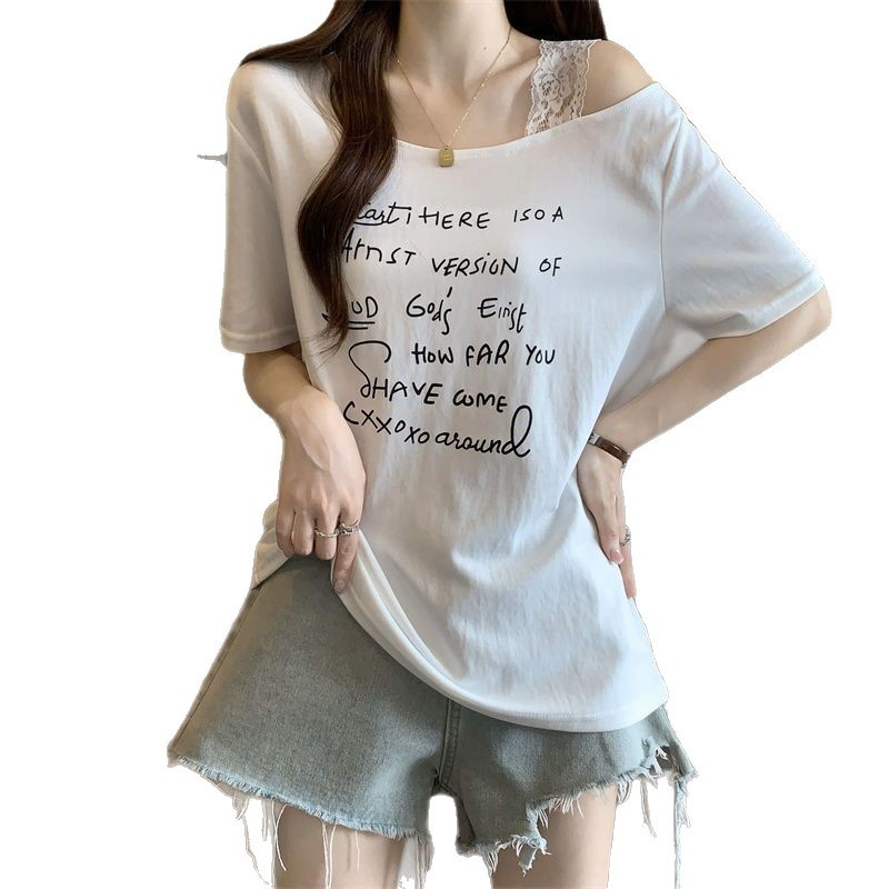 大きいサイズのレタープリントオフショルダー半袖Tシャツ女性用2025年夏新作ファットmmルーズスリミングファッショントップ女性用|undefined