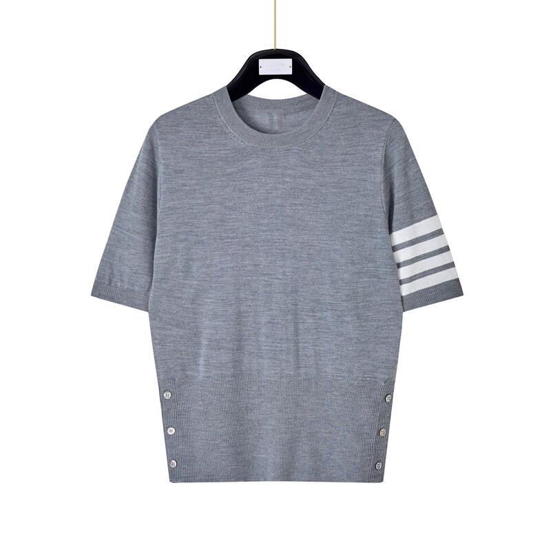 Tb Women's Spring and Summer New Women's 100 Merino Wool Thin Classic Four-Bar Knitted Round Neck Short Sleeves