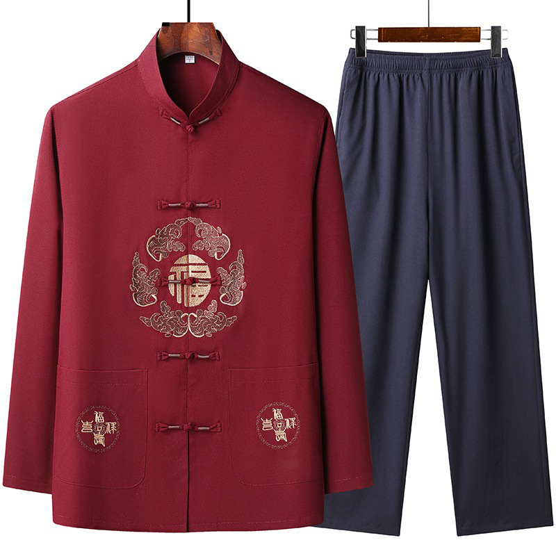 Tang Suit for Middle-Aged and Elderly Men, Cotton and Linen Long-Sleeve Set, Spring and Autumn Dad Outfit, Chinese Style Men's Clothing, Elderly Clothing for Summer