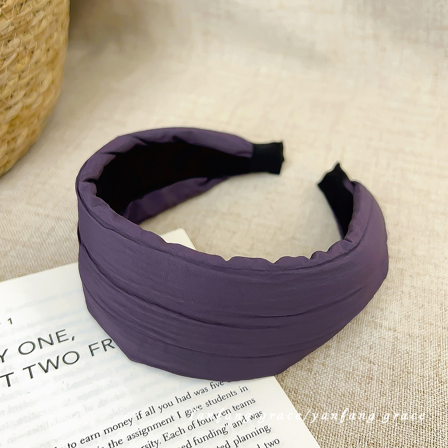 Purple wrinkled windbreaker fabric wide-brimmed headband