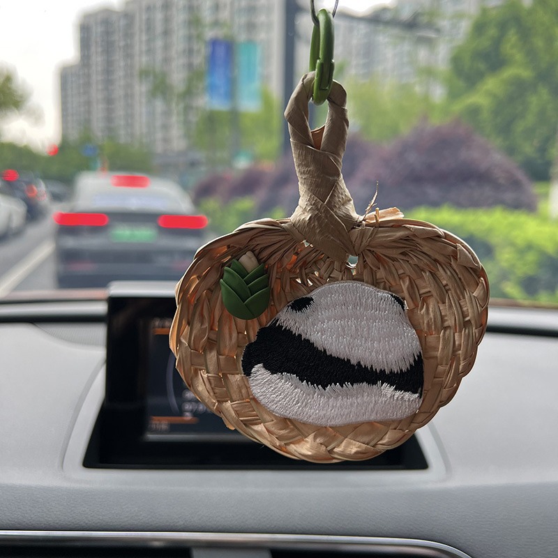 HD6261A05 Plump and Cute Rice Ball Flower Soft and Adorable Mini Fan Car Ornament - National Treasure Panda Grass Weaving Accessory
