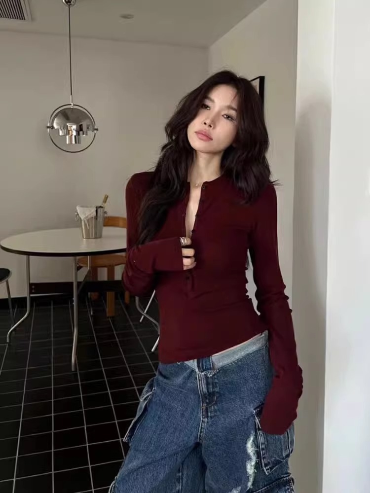 Shoulder Button Long-sleeved T-shirt Women's Autumn and Winter Inner Base Shirt Slim-fit Waist Slimming Spice Girl Short Tight Top