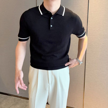跨境爆款欧码大码短袖针织衫男冰丝POLO翻领修身商务T恤工厂批发