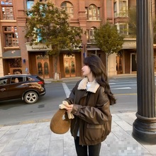 新款美式复古PU皮长袖棉服外套女秋冬季羊羔毛翻领百搭夹克上衣