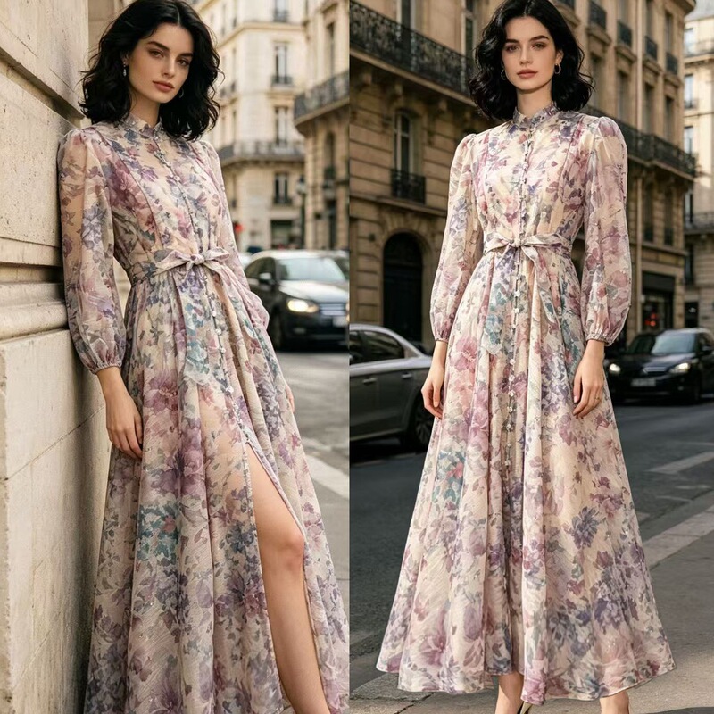 Vintage Printed Stand Collar Lantern Sleeve Long Sleeve Dress for Women, Summer Heavy Embellishment with Rhinestones, Waist-Cinching Slimming Dress Vintage Printed Stand Collar Lantern Sleeve Long Sleeve Dress for Women, Summer Heavy Embellishment with Rhinestones, Waist-Cinching Slimming Dress