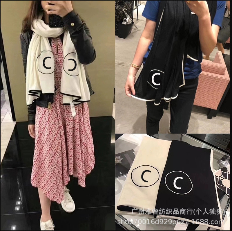 秋冬款高品质小香羊绒围巾女士双C字母黑白圆圈纯色百搭双面披肩|undefined