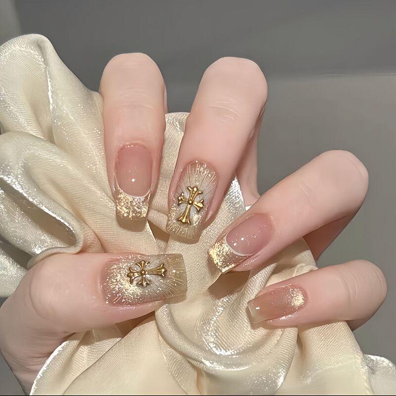 [Cross Covenant] Purely Handmade Wearable Nails European and American Style High-End Pink Glossy Metal Style Nail Art Patches for Autumn and Winter