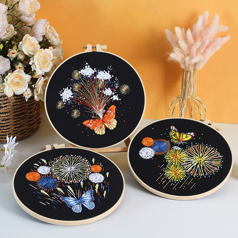 Nuevo original hecho a mano bordado diy paquete de material magnífico fuegos artificiales mariposa fábrica para transfronterizo inglés