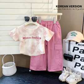 女童夏装套装2026新款洋气韩版女宝宝短袖t恤高腰工装裤两件套潮