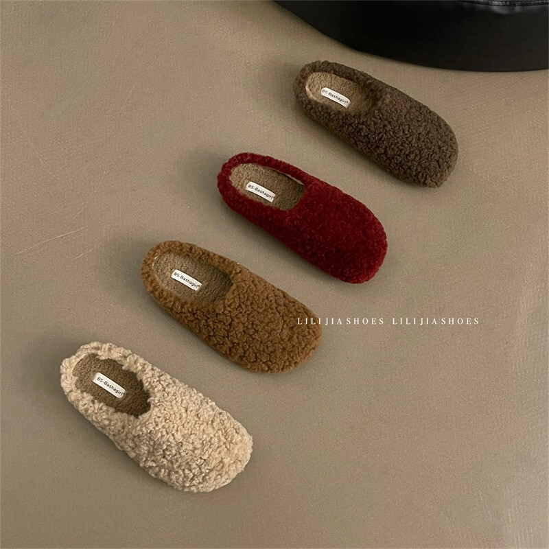 Retro Lamb Wool Plush Slippers for Women 2026 Autumn and Winter New Style Closed-Toe Fairy Lazy Cotton Slippers Slip-On