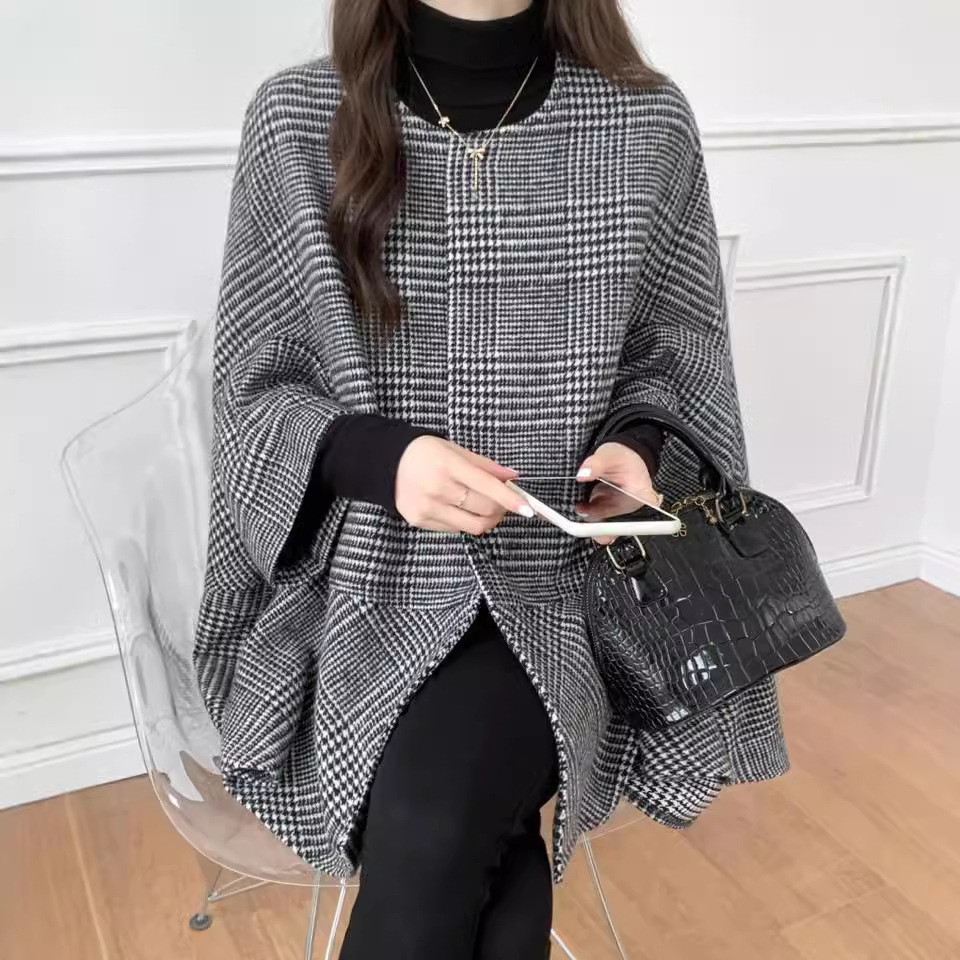 跨境秋冬日系乐天ins亚马逊外贸宽松蝙蝠袖斗篷披肩毛呢格子外套