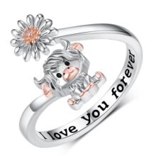 跨境新款可爱高地牛雏菊开口戒指女 双色刻字 I love you forever