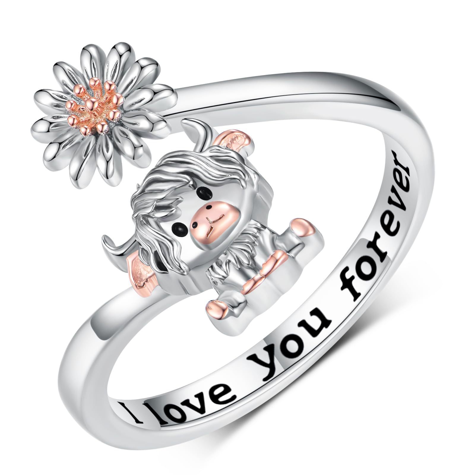 跨境新款可爱高地牛雏菊开口戒指女 双色刻字 I love you forever
