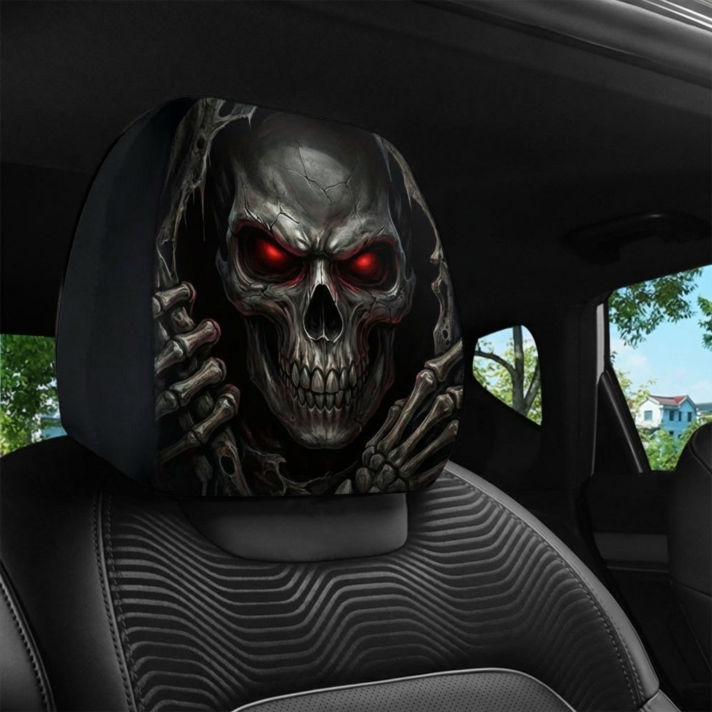 Car Headrest Cover with Red-Eyed Skull Personalized Print, Universal Neck Pillow Cover for Car Interior, Can Be Labeled and Shipped, Custom Production from Provided Images