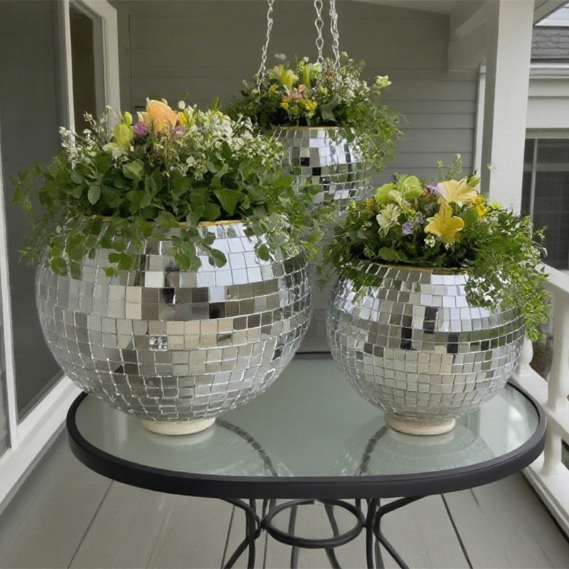 跨境镜面迪斯科球花盆带链子挂钩室内植物悬挂花盆园林装饰花盆