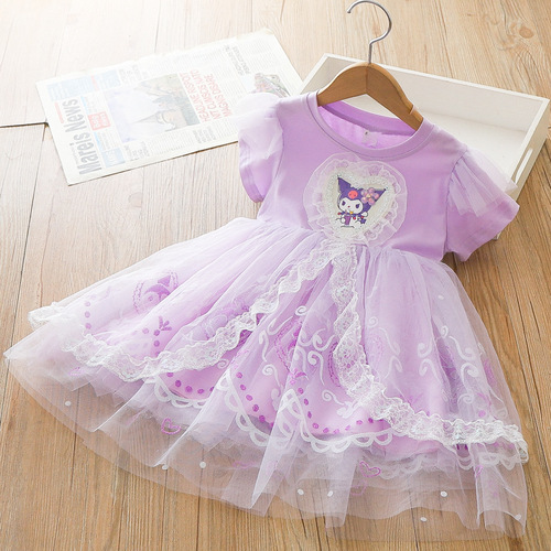 Children's Clothes Girls Kuromi Dress 2024 Summer Short Sleeve Fashionable Lace Princess Dress