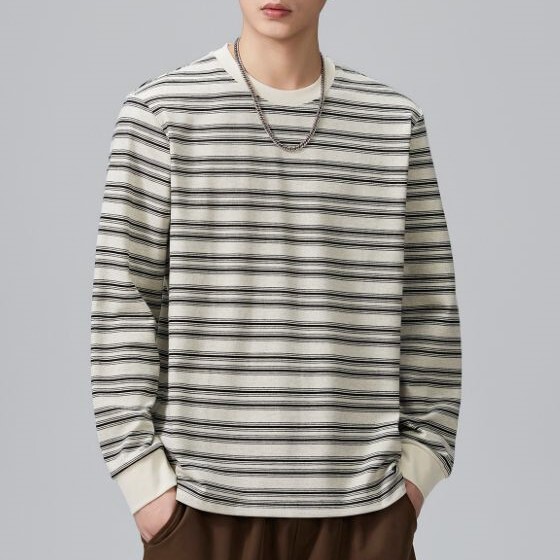Shanggu Men's Clothing Autumn Men's American Retro Striped Long Sleeve T-Shirt Trendy Brand Round Neck Loose Top Casual New Style