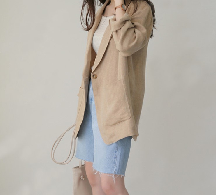 2026 Spring/Summer Korean New Herringbone Linen Loose Simple Women's Long Sleeve Casual Blazer_ecoleips.com