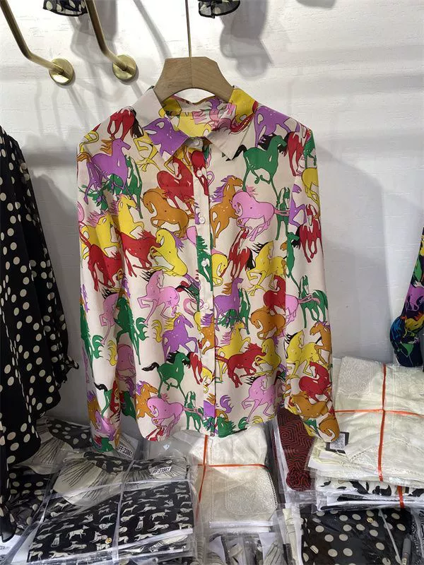 Мода Солнцезащитная Печать шифон рубашка Топ порт Ретро поло воротник Свободная тонкая рубашка