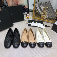 高定2025春夏季新款舒适菱格真皮单鞋女拼色浅口平底女士芭蕾舞鞋