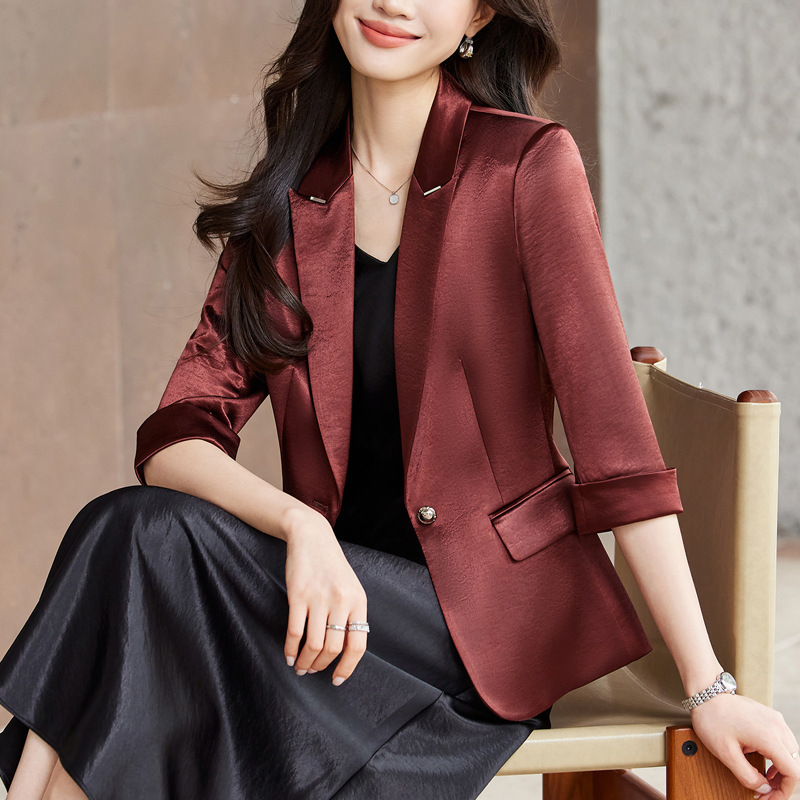 Summer Thin Burgundy Blazer for Women 2026 New Style High-End Slim Fit Acetate Short Sleeve Suit for Petite Figures