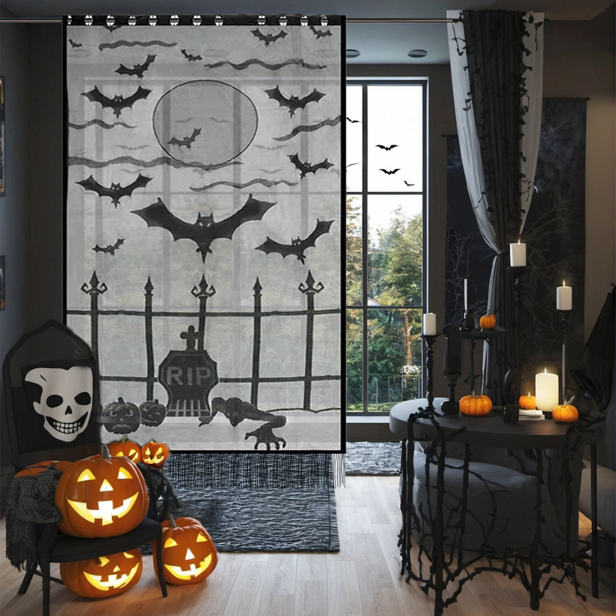 Nuevo estilo europeo y americano cortina de encaje de Halloween Amazon cortina decoración festiva TEMU en stock
