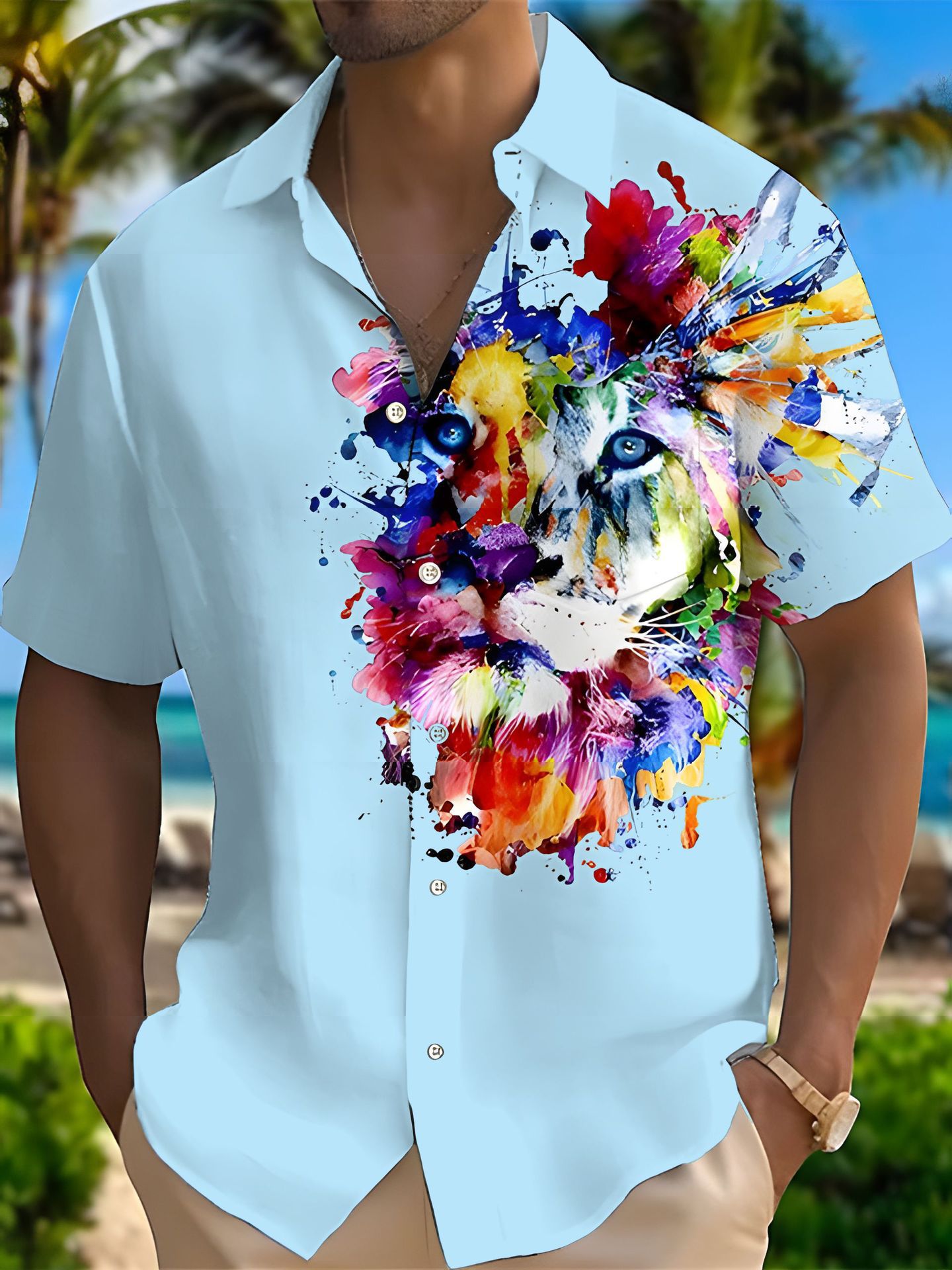 Camisa Camisa transfronteriza Coconut Tree Europa y América 2024 Nuevo estilo Hawaiian explosivo casual 3D manga corta impresión de manga corta