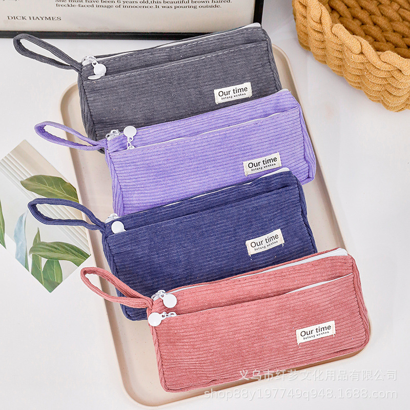 Estuche simple de pana para estudiantes de secundaria y preparatoria, lindo y elegante, de color sólido, de doble capa, bolsa para lápices de gran capacidad.