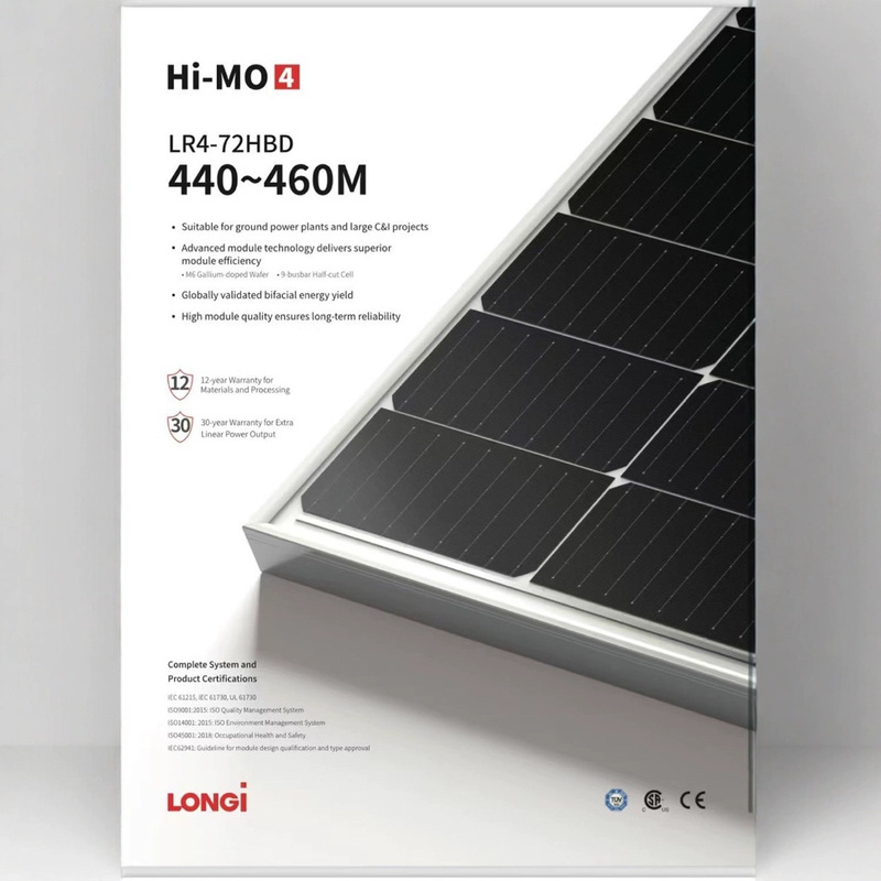 Brand New A-Class Longi 450W455W Dual-Wavelength Monocrystalline Solar Panel Charging System Outdoor Photovoltaic Power Generation
