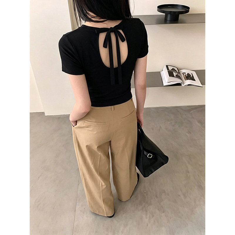Plus-Size American-Style Spicy Girl Style Short-Sleeve T-Shirt with Back Cutout for Women, Summer Black Slim-Fit Butterfly Tie Top Plus-Size American-Style Spicy Girl Style Short-Sleeve T-Shirt with Back Cutout for Women, Summer Black Slim-Fit Butterfly Tie Top