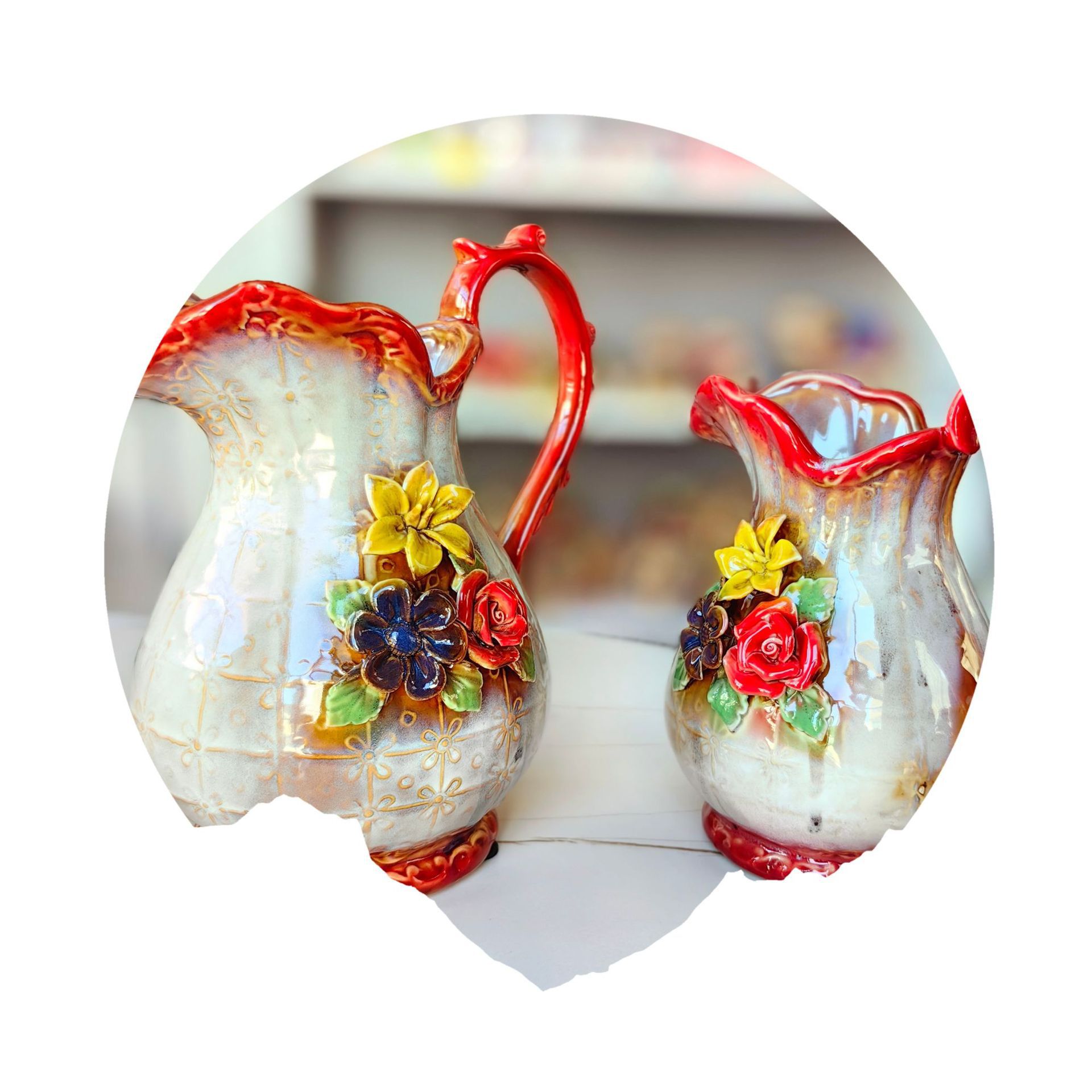 客厅摆件田园浮雕釉面立体花艺装饰玫瑰花器双耳花瓶花插多款可选