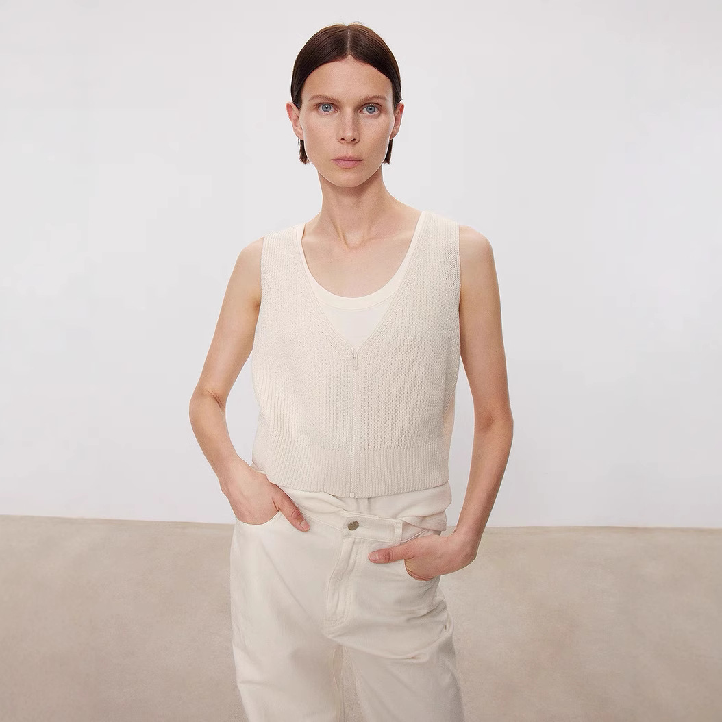 Joc Replacement Short Zipper Vest Knitted Cardigan Vest for Women 2025 New Summer and Autumn Outer Wear V Neck Sweater Vest