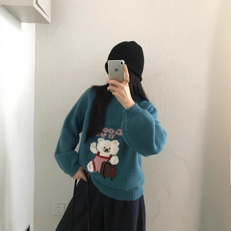 Cute Cartoon Bear Jacquard Half-Zip Age-Reducing Pullover Knitwear for Women in Autumn and Winter Loose Soft Waxy Versatile Thick Knitwear Cute Cartoon Bear Jacquard Half-Zip Age-Reducing Pullover Knitwear for Women in Autumn and Winter Loose Soft Waxy Versatile Thick Knitwear
