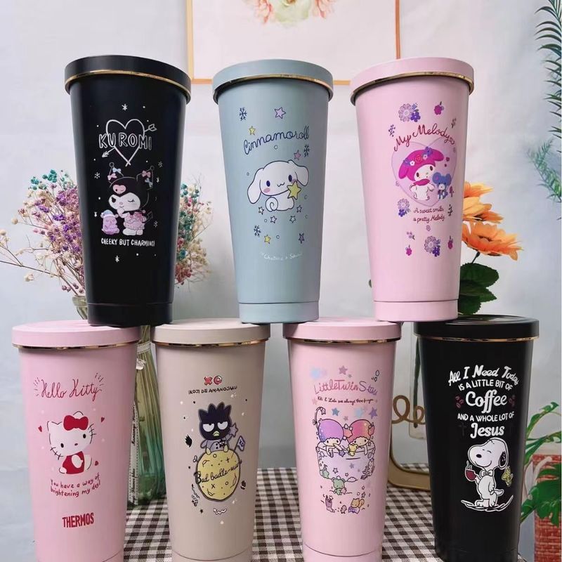 卡通图案三丽鸥双层不锈钢吸管杯新款金边盖子便携式大容量保冷杯|undefined
