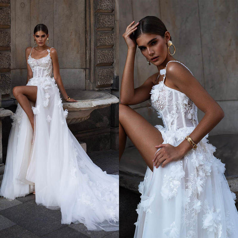 Elegant Strap Wedding Dress High Split Trailing Three-dimensional Flower Decal Bead Embroidery Travel Light Wedding Dress Exquisite Elegant Wedding Dress Elegant Strap Wedding Dress High Split Trailing Three-dimensional Flower Decal Bead Embroidery Travel Light Wedding Dress Exquisite Elegant Wedding Dress
