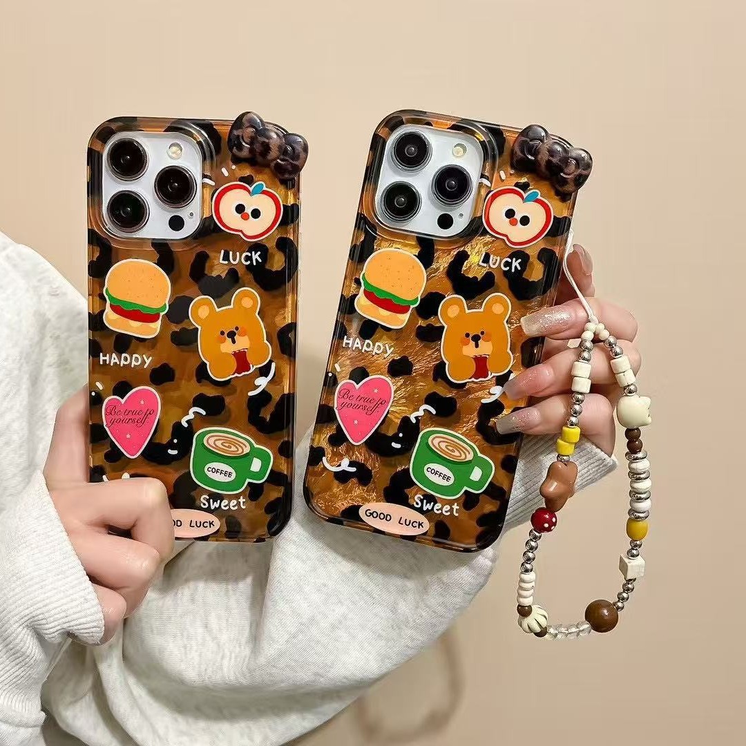 Cute cartoon leopardo hamburguesa oso para iphone15 estuche para teléfono móvil estéreo 16ProMax Apple 13 femenino 14