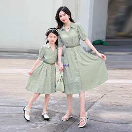 母女装条纹短袖衬衫裙夏季新款亲子装洋气显瘦时髦夏装连衣裙