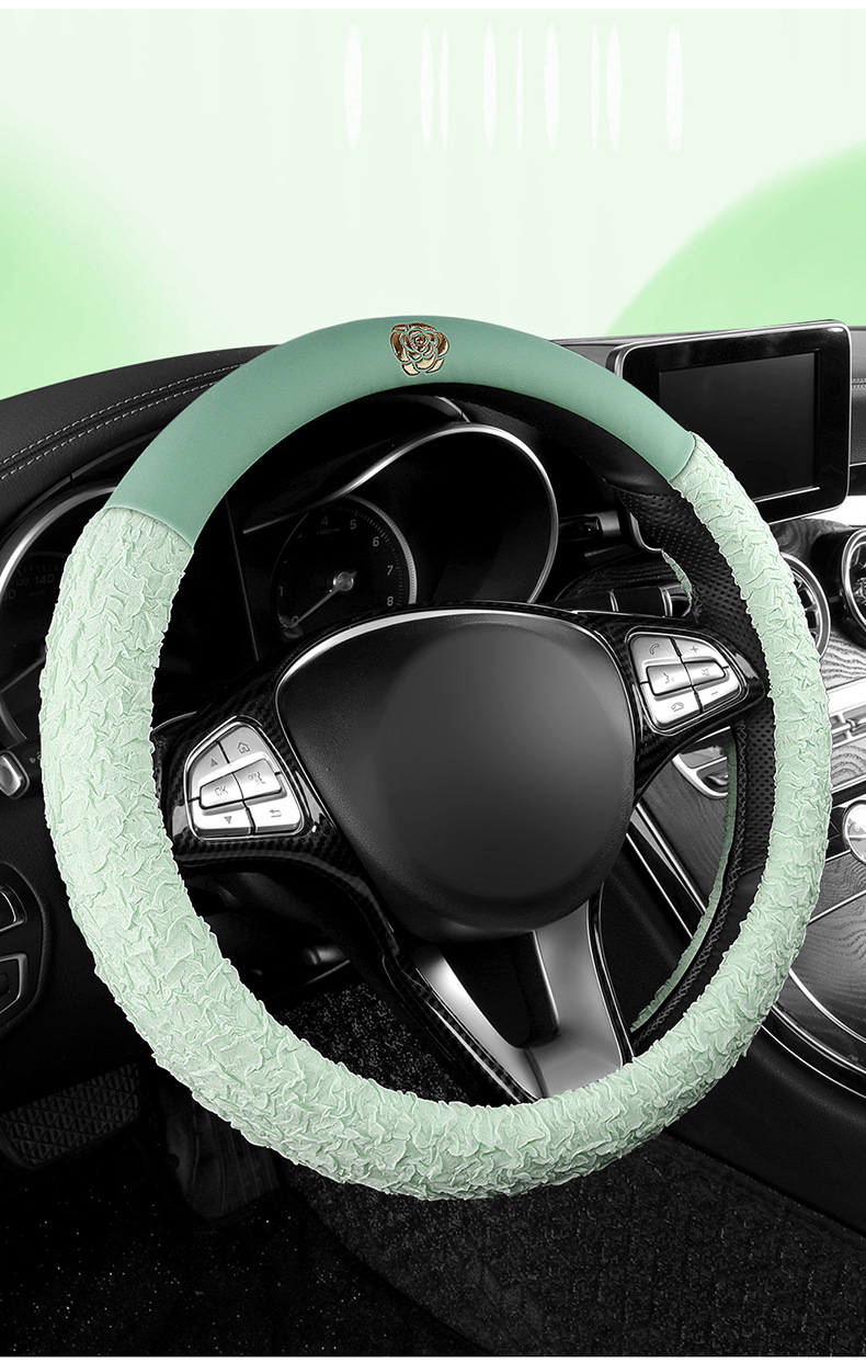 New All-Season Camellia Car Steering Wheel Cover, Delicate, Breathable and Wear-Resistant Pebbled Leather Soft Handle Cover
