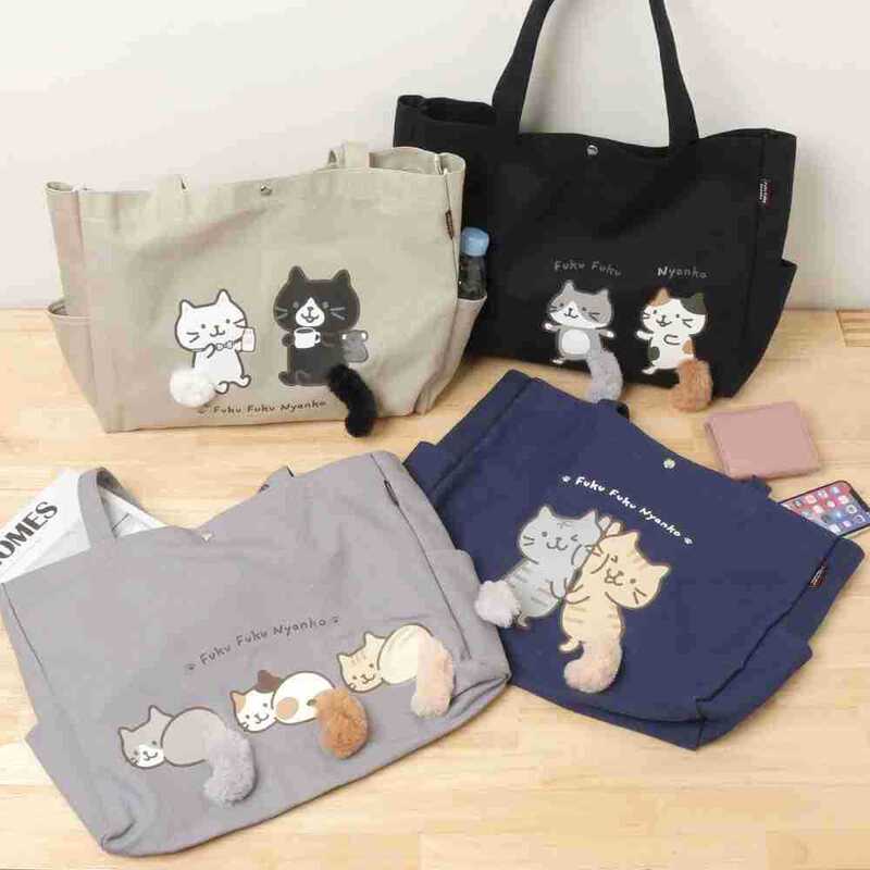 Japanese Style New Cat Canvas Tote Bag Cute Cartoon Large Tote with Cat Tail Shopping Bag