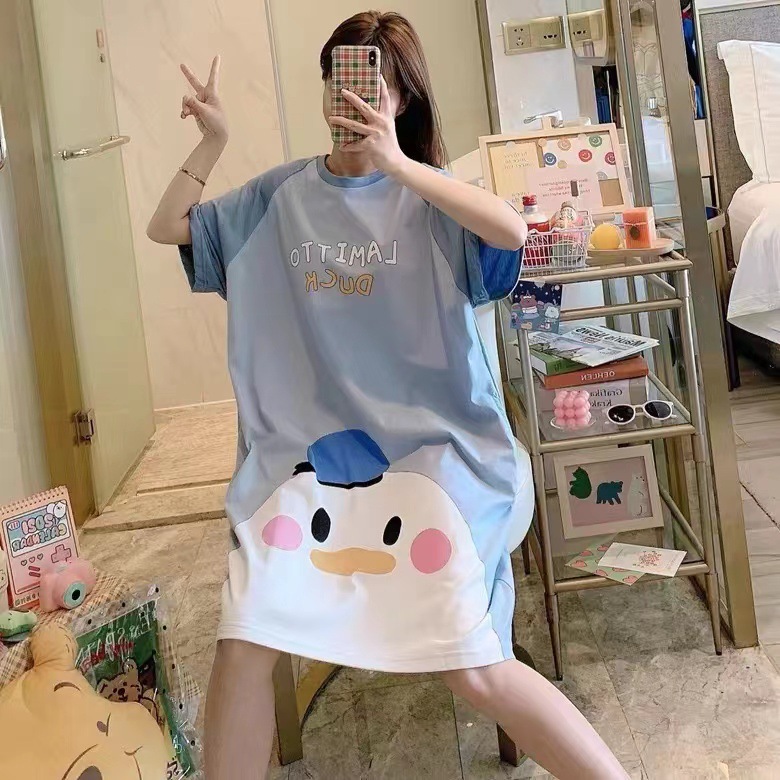 Spot falda de mujer viento perezoso talla grande camisón de mujer manga corta suelta y cómoda cuello redondo lindo vestido de casa con estampado de dibujos animados