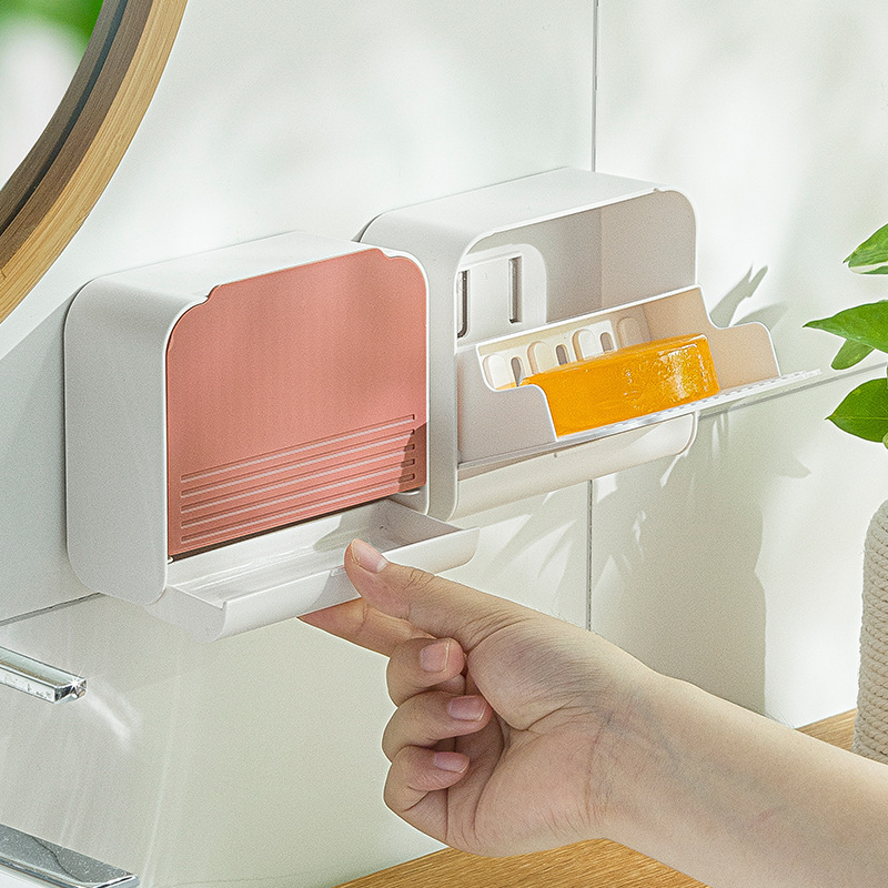 Nachuan Creative Wall-mounted Draining Soap Box Punch-free Dustproof Flip Bathroom Soap Rack Cotton Swab Storage Box