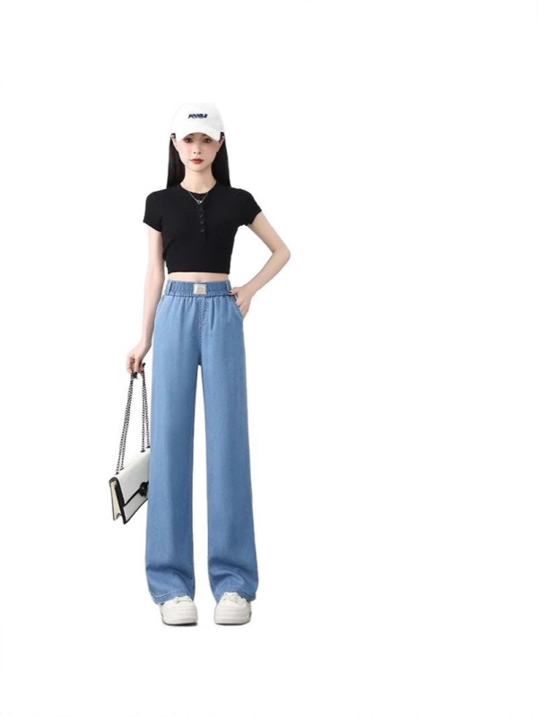 天丝2025新款夏天裤子女冰丝牛仔休闲裤阔腿裤松紧腰垂感舒适薄款|undefined