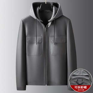 High-end Haining Genuine Leather Jacket Coat Spring and Autumn New Solid Color Leather Men's Sheepskin Hooded Casual Business Men's Clothing