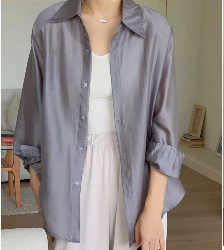 Áo sơ mi nữ dài tay Tencel phong cách Hàn Quốc rộng rãi mỏng nhẹ chống nắng — Màu xanh lam, Màu tím, Màu hồng, Màu trắng chi tiết 6