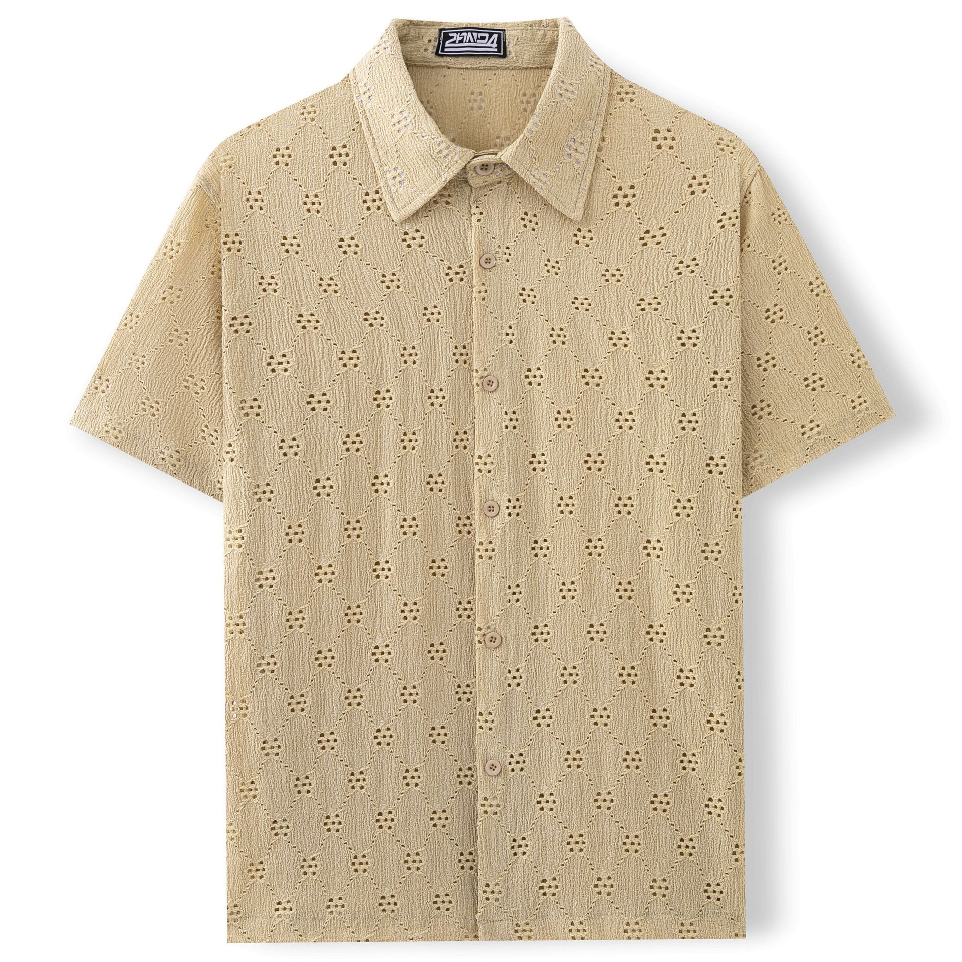 Herrenmode im europäischen und amerikanischen Stil: Sexy, hohles Jacquard-Muster, sommerlich, lässig, Kurzarm, umklappbar_voghion.com
