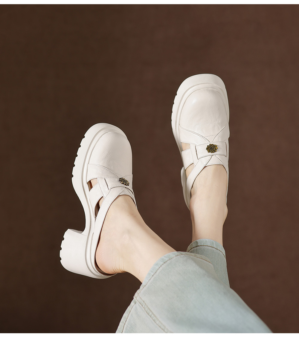 Sandal cao gót nữ mũi kín hở mũi đế dày gót thô 9 cm — màu đen, màu trắng ngà chi tiết 15
