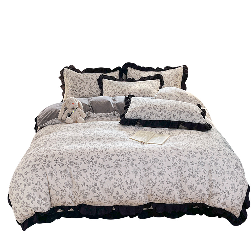 Cubierta de cama de hilo de doble capa de algodón de punto aeróbico Juego de cuatro piezas Funda de edredón de encaje Tatami Cubierta Kang Cojín Four Seasons Universal