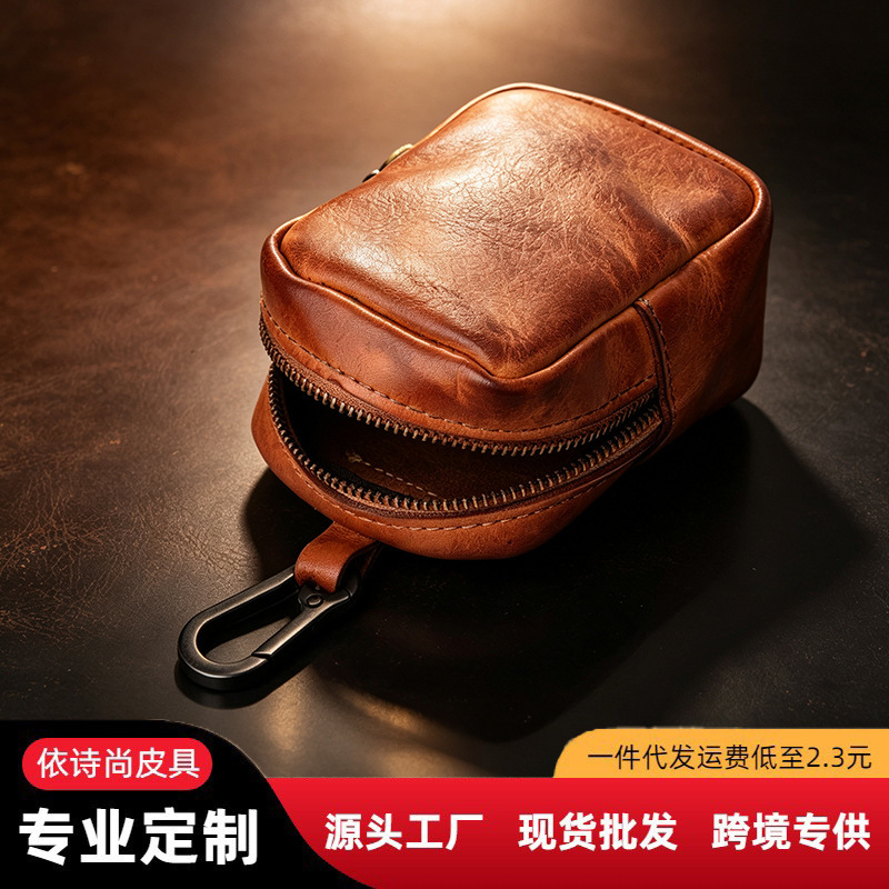 New Style First-Layer Cowhide Coin Key Holder, Genuine Leather Card Holder, Earphone Storage Pouch, Belt Clip Waist Bag, Vintage Hanging Bag for Men