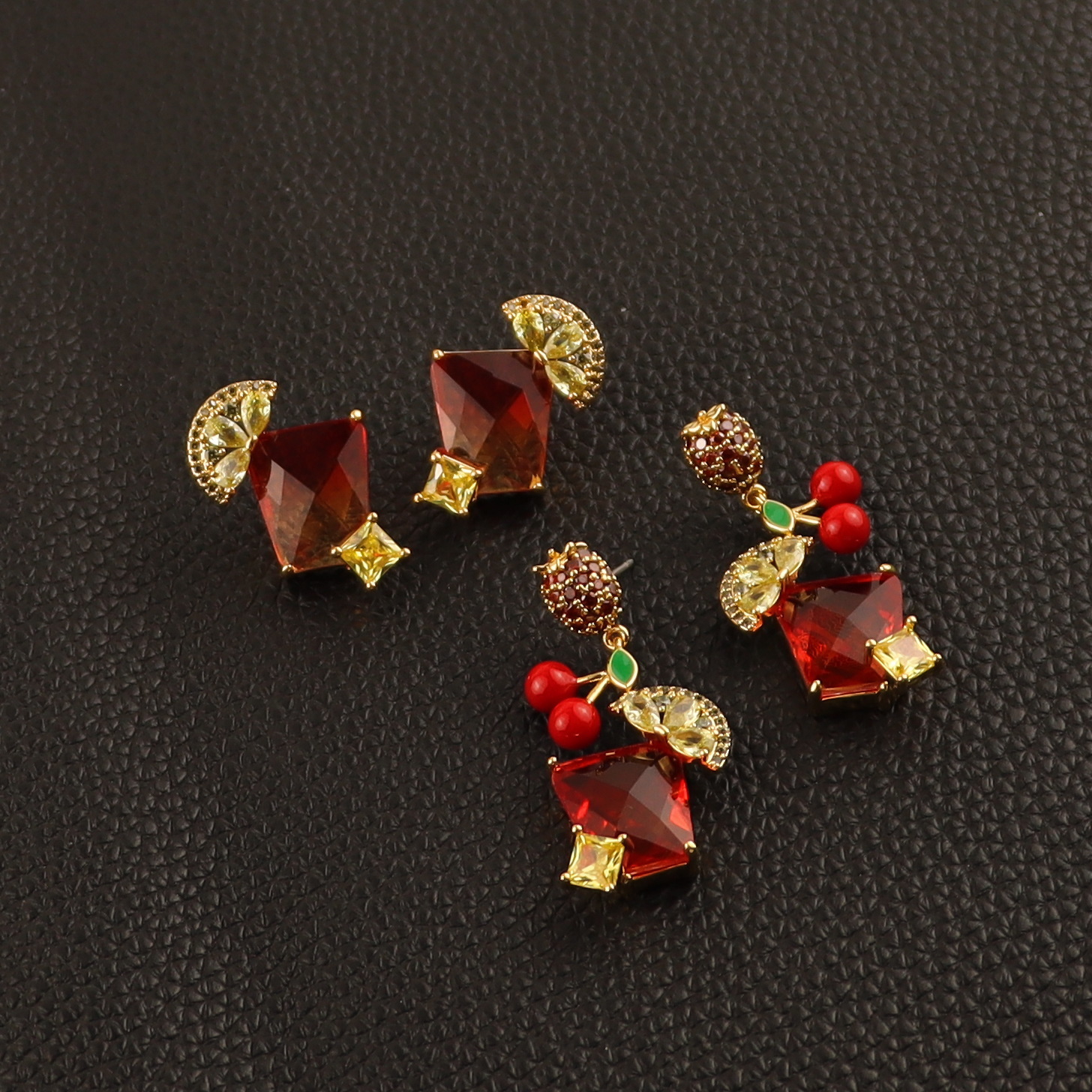 青岛饰品美国KS新款鸡尾酒柠檬造型樱桃水果草莓镶钻耳环创意耳饰