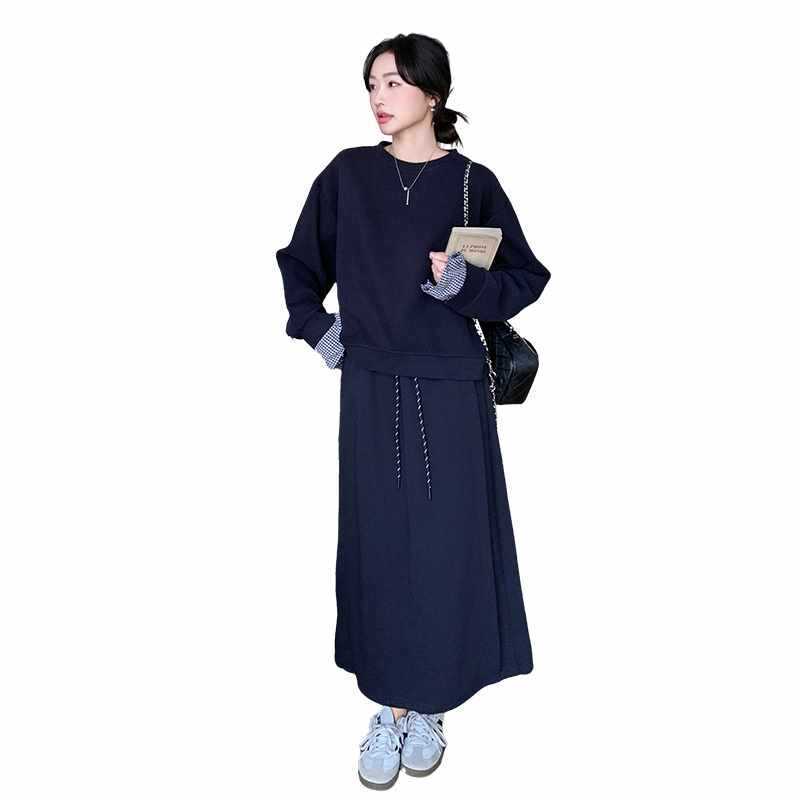 藏青色高级感休闲卫衣套装裙女2025春季韩系宽松运动半身裙两件套|undefined